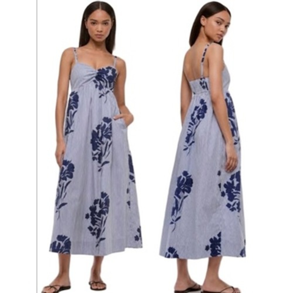 Abercrombie & Fitch Dress Small Blue White Floral Stripe Cotton Midi Sun Dress